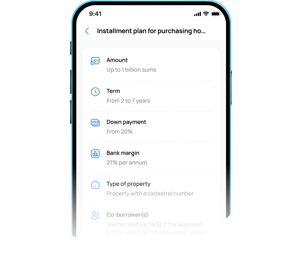 Muddatli to‘lov bo‘yicha kerakli ma’lumotlar bilan tanishing va keyingi bosqichga o‘tish uchun "Ariza qoldirish" tugmasini bosing.