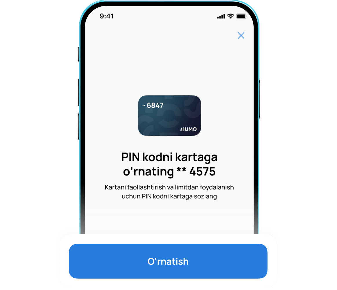 Karta qo'shildi! Endi siz PIN-kodni o'rnatishingiz kerak. PIN-kodni o'rnatish ekranida"O'rnatish" tugmasini bosing